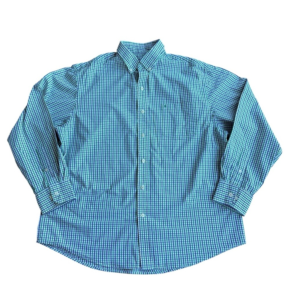 MENS IZOD BLUE GREEN PLAID LONG SLEEVE BUTTON FRONT DRESS SHIRT EASY CARE XL